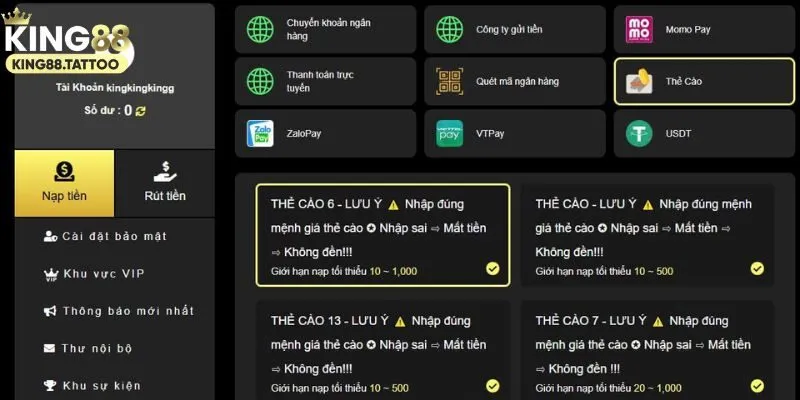 Nạp tiền King88 bằng thẻ cào
